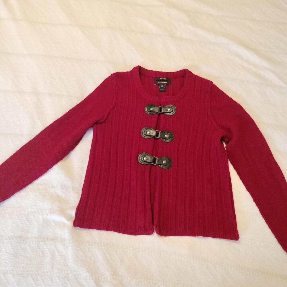 Tahari Dark Red Merino Wool Blend Sweater Cardigan Red Leather Tab Closures Med